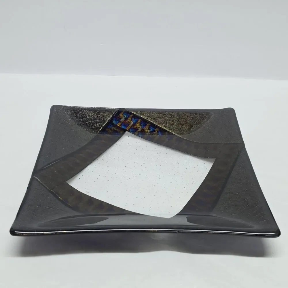 Chris Paulson Fused Art Glass Trinket Tray Plate Signed Dichroic Iridescent